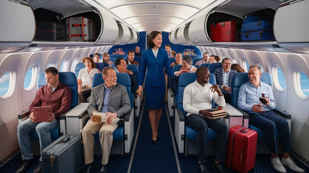 Interior de cabine de avião com passageiros interagindo com comissários de bordo e bagagens nos compartimentos superiores.