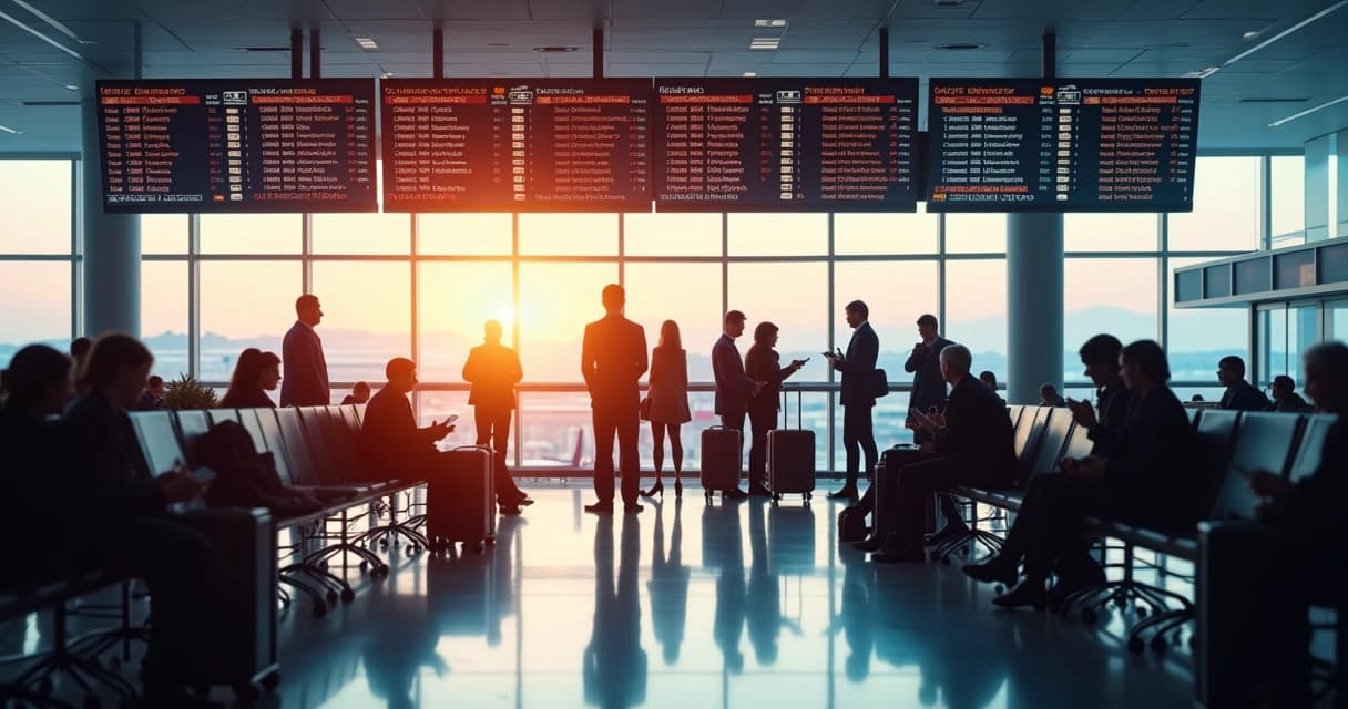 Passageiros no saguão do aeroporto aguardando voo atrasado com painéis de embarque mostrando status de voo cancelado