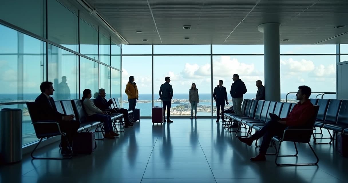 Passageiros aguardando em área de embarque com expressão de espera e monitores mostrando voos atrasados