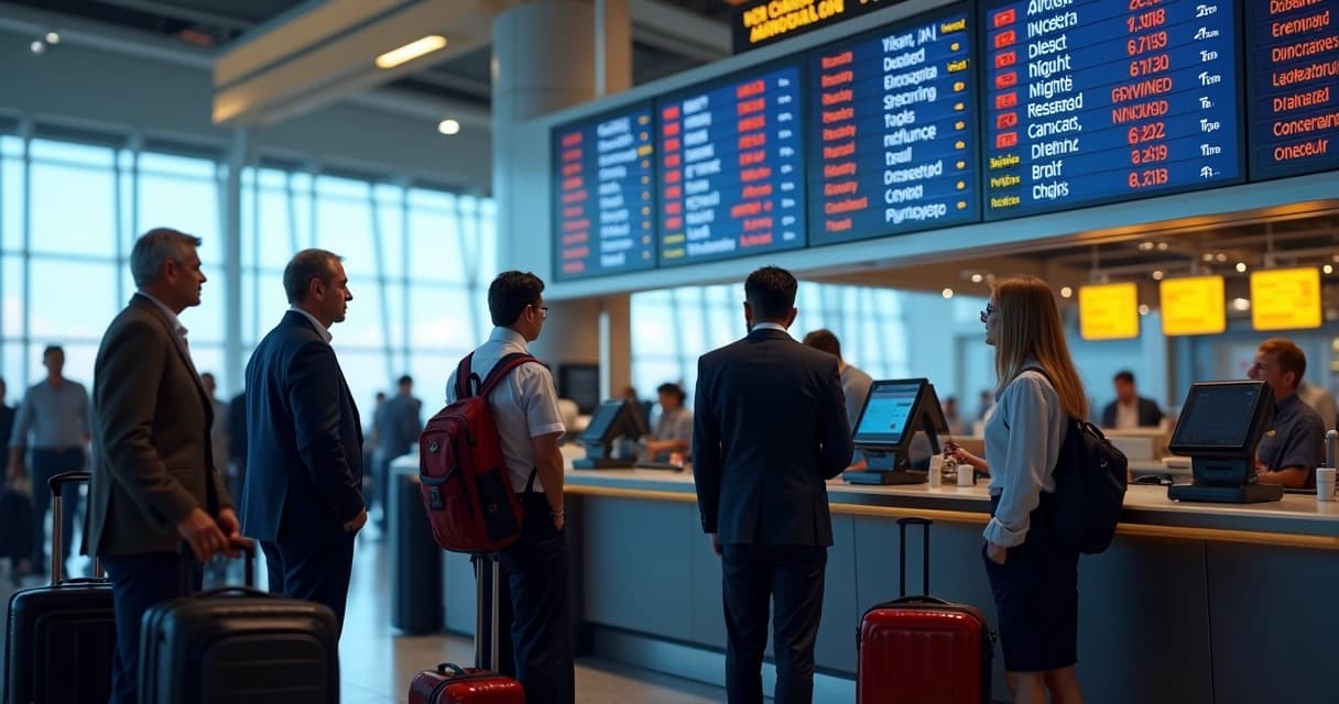 Passageiros no balcão de atendimento de companhia aérea efetuando reclamação por atraso e cancelamento de voo