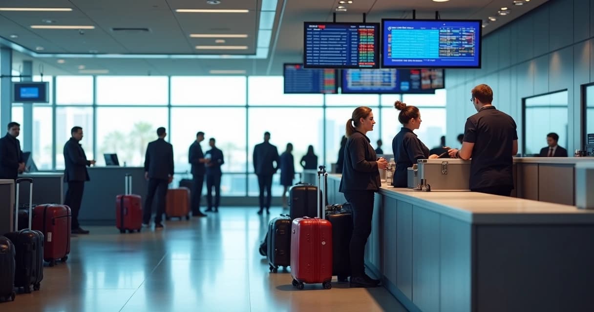 Balcão de atendimento de companhia aérea com passageiros registrando reclamações de bagagem