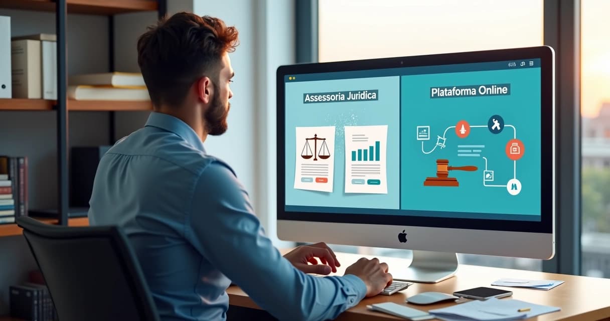 Homem sentado à mesa usando computador, comparando assessoria jurídica e plataforma online para resolver problemas de voo