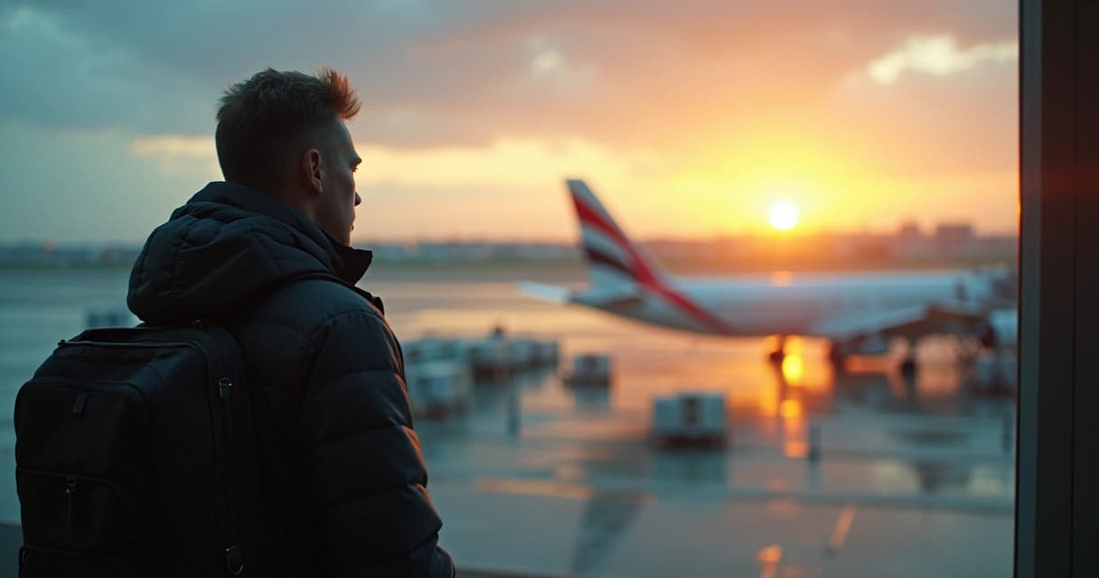 Passageiro frustrado segurando mala no portão de embarque de aeroporto, com avião ao fundo e painéis de voos atrasados e cancelados