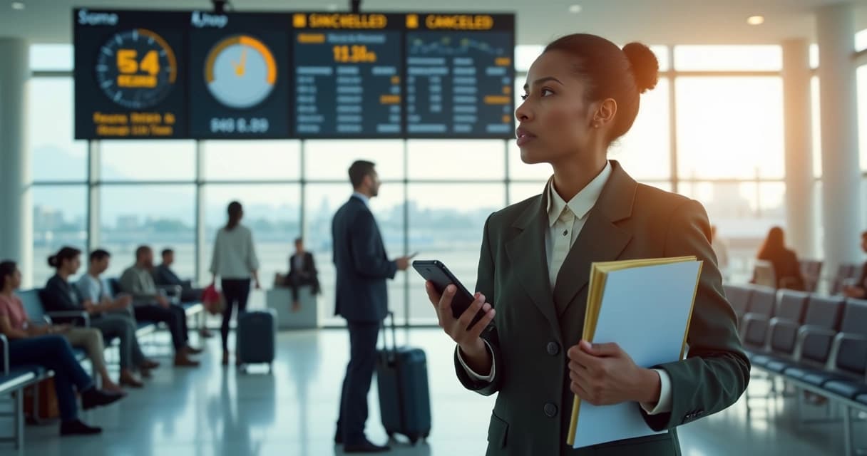 Passageiro segurando documentos e celular no aeroporto com relógio indicando atraso no fundo
