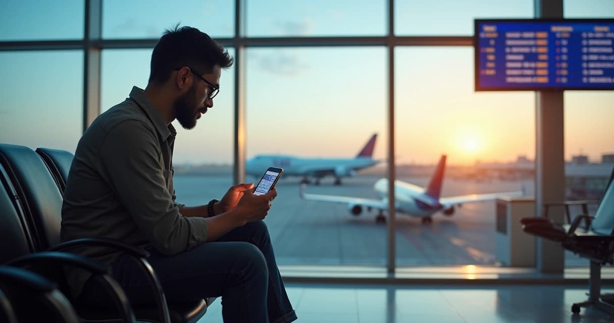 Passageiro consultando prazo para reclamação aérea em smartphone sentado em aeroporto