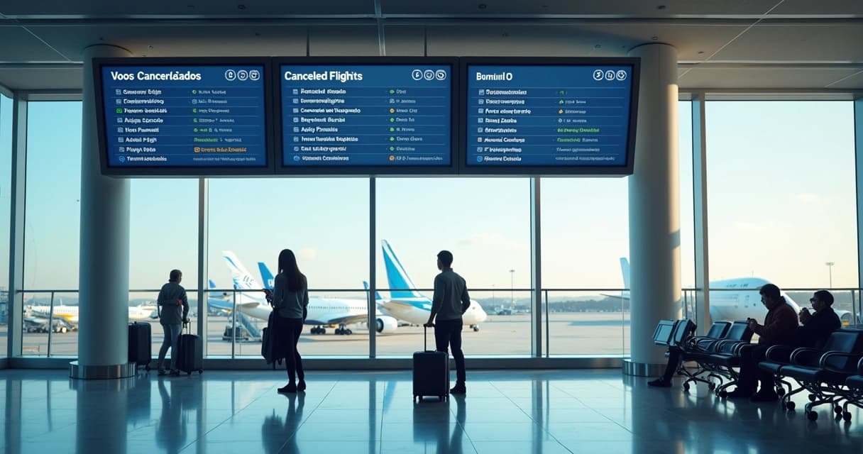 Passageiro no portão de embarque observando o horário do voo cancelado no monitor do aeroporto