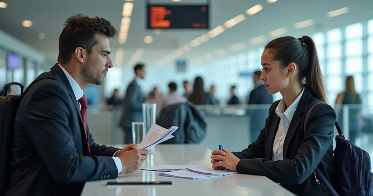 Atendente do escritório JusAéreo auxiliando passageiro no balcão do aeroporto com documentos e mala ao lado