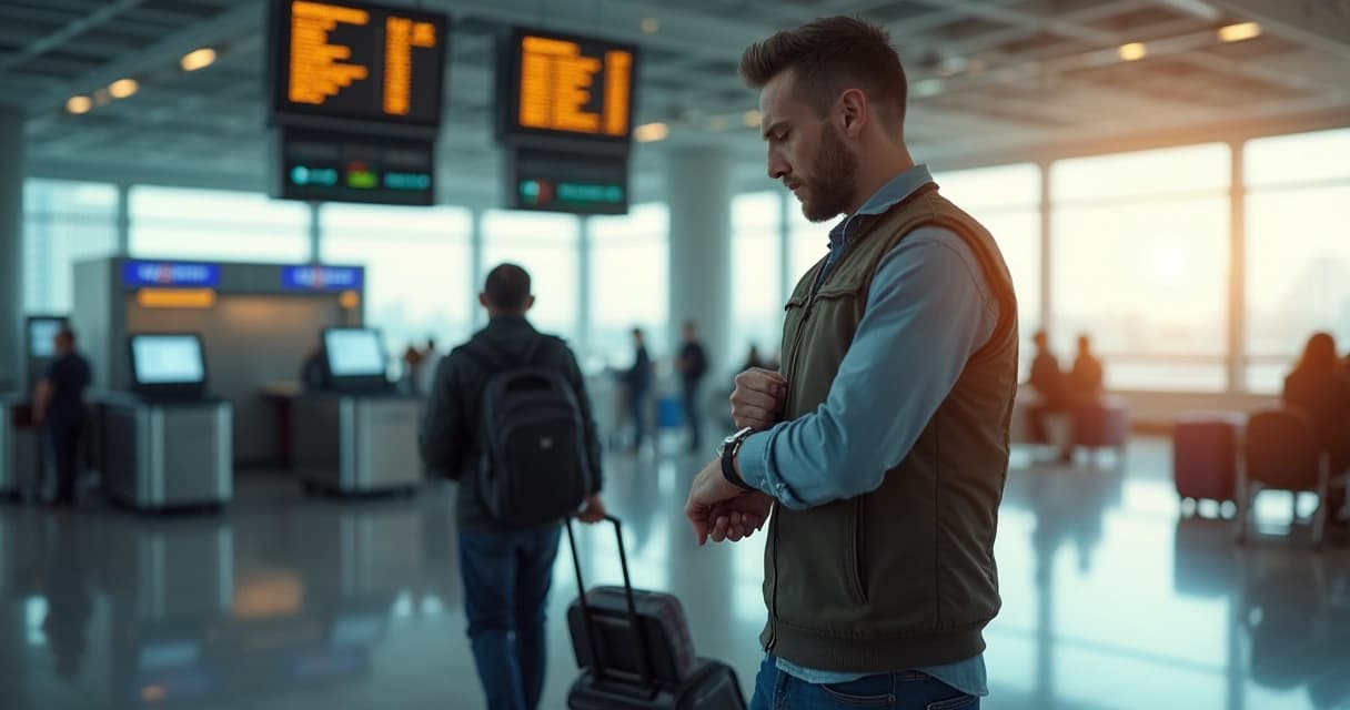 Passageiro com expressão frustrada conferindo o relógio ao lado do portão de embarque num aeroporto
