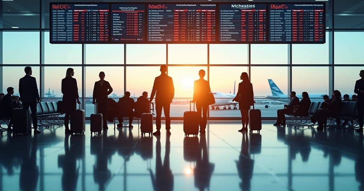 Passageiros aguardando embarque com malas no aeroporto, com painel de voos e aviões ao fundo