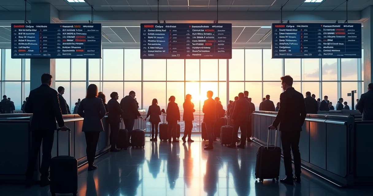 Passageiros aguardando na fila de check-in em aeroporto movimentado com telas de voos ao fundo