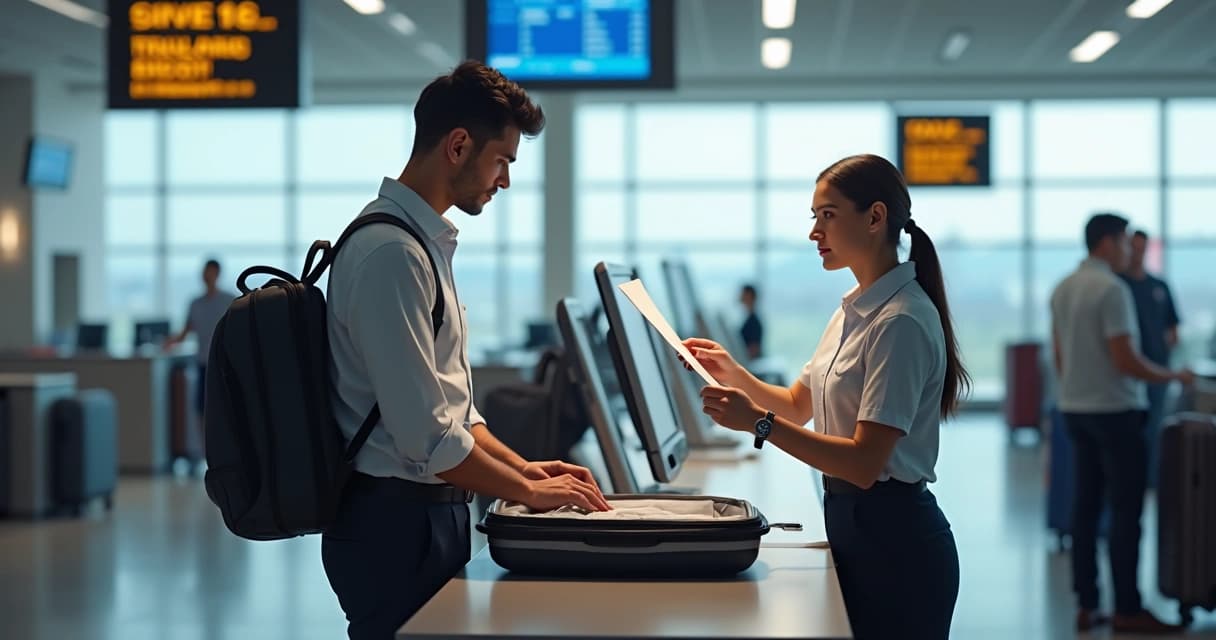 Passageiro no balcão da companhia aérea registrando extravio de bagagem com mala aberta ao lado e funcionários auxiliando no aeroporto