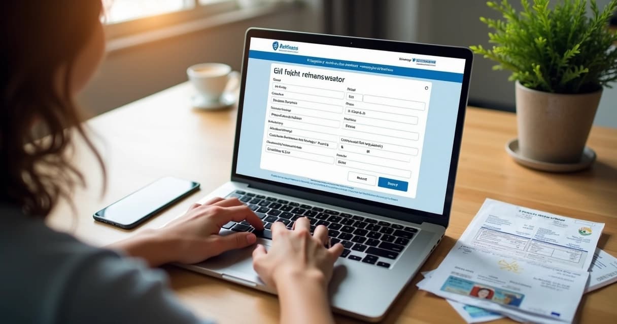 Pessoa preenchendo formulário online para reembolso de passagem aérea em laptop