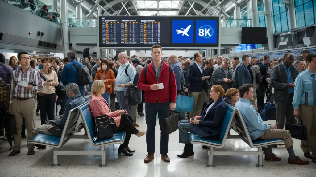 Área de espera de aeroporto lotada com pessoas segurando passagens e um painel de partidas mostrando atrasos.