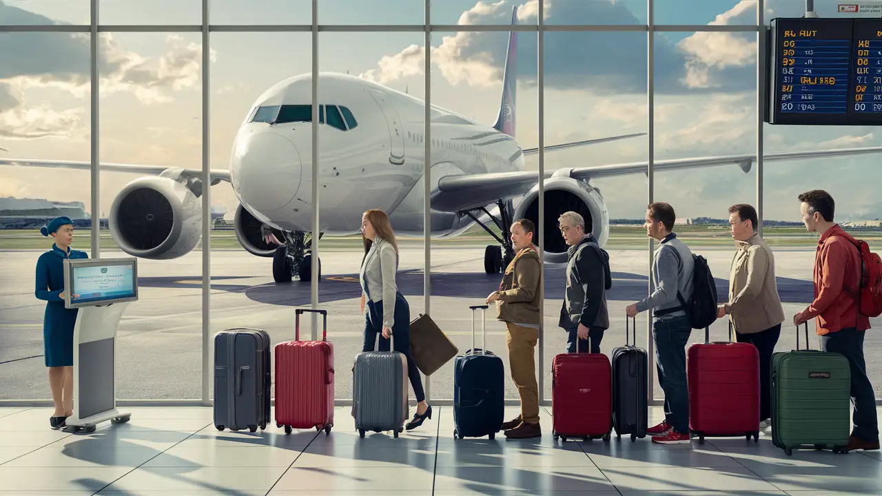 Avião moderno no pátio do aeroporto com passageiros aguardando em fila com malas coloridas e atendente auxiliando passageiro.