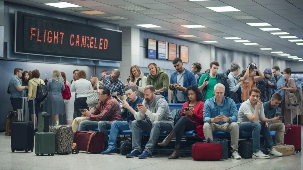 Passageiros frustrados em terminal de aeroporto, com painel eletrônico exibindo "Voo Cancelado" e bagagens espalhadas.