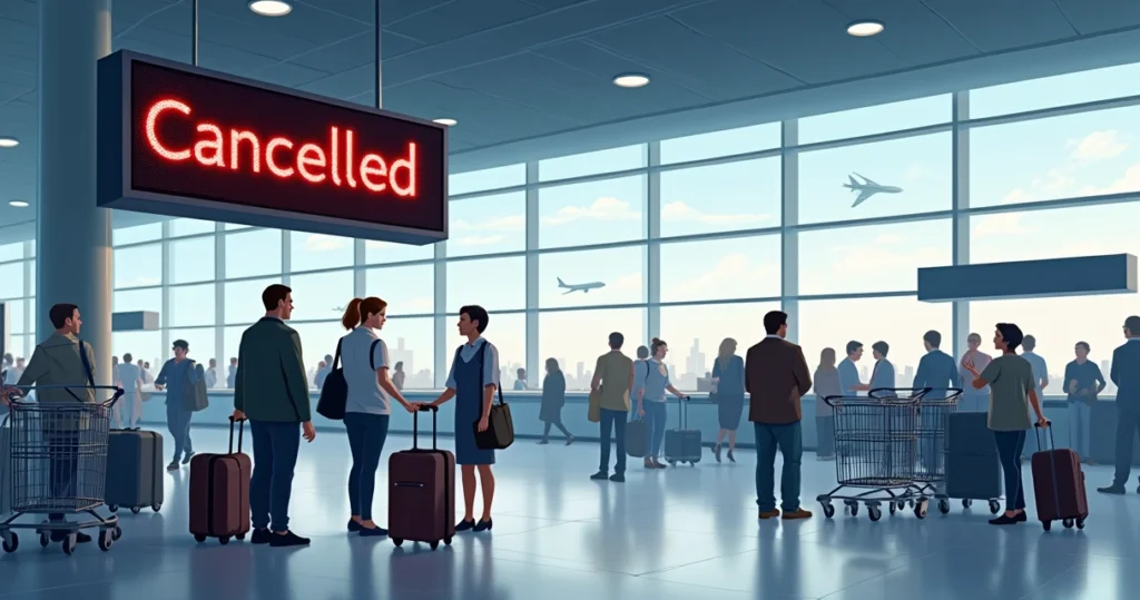 Cena de um aeroporto movimentado com painéis de voos cancelados e viajantes desapontados.