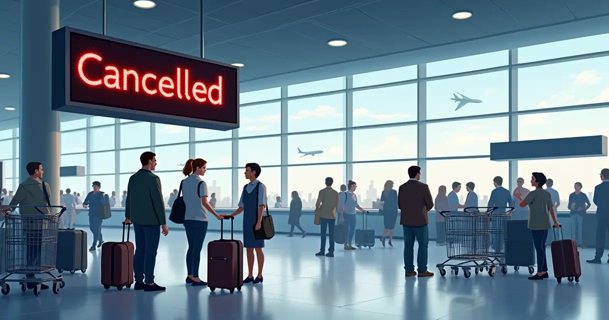 Cena de um aeroporto movimentado com painéis de voos cancelados e viajantes desapontados.
