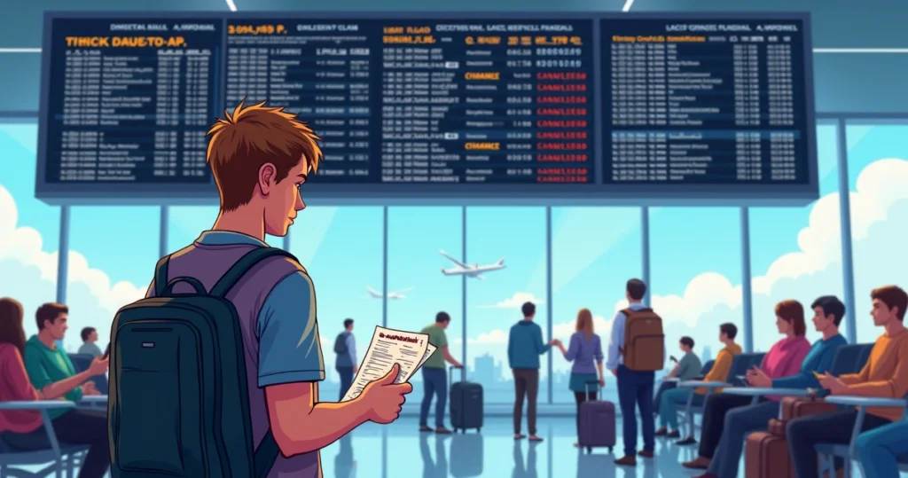 Passageiro frustrado segurando bilhete de voo em aeroporto com painel de partidas atrasadas ao fundo