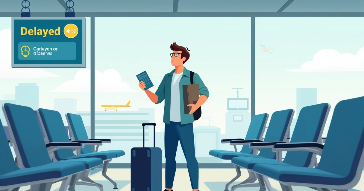 Passageiro aguardando no portão de embarque com expressão de frustração em aeroporto