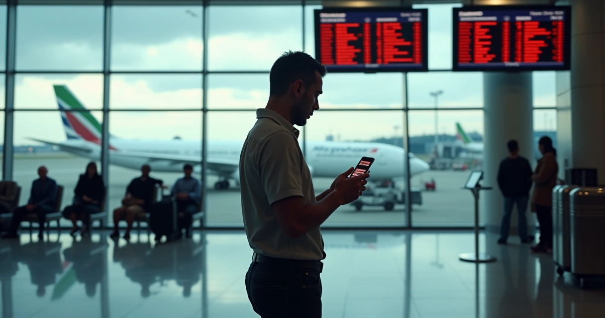 Passageiro consultando status do voo pelo celular em aeroporto moderno