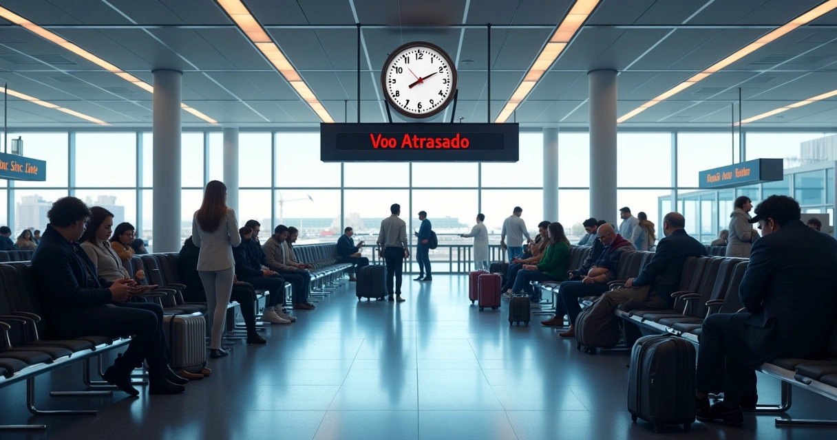 Passageiros aguardando no aeroporto com relógio grande indicando atraso de voo