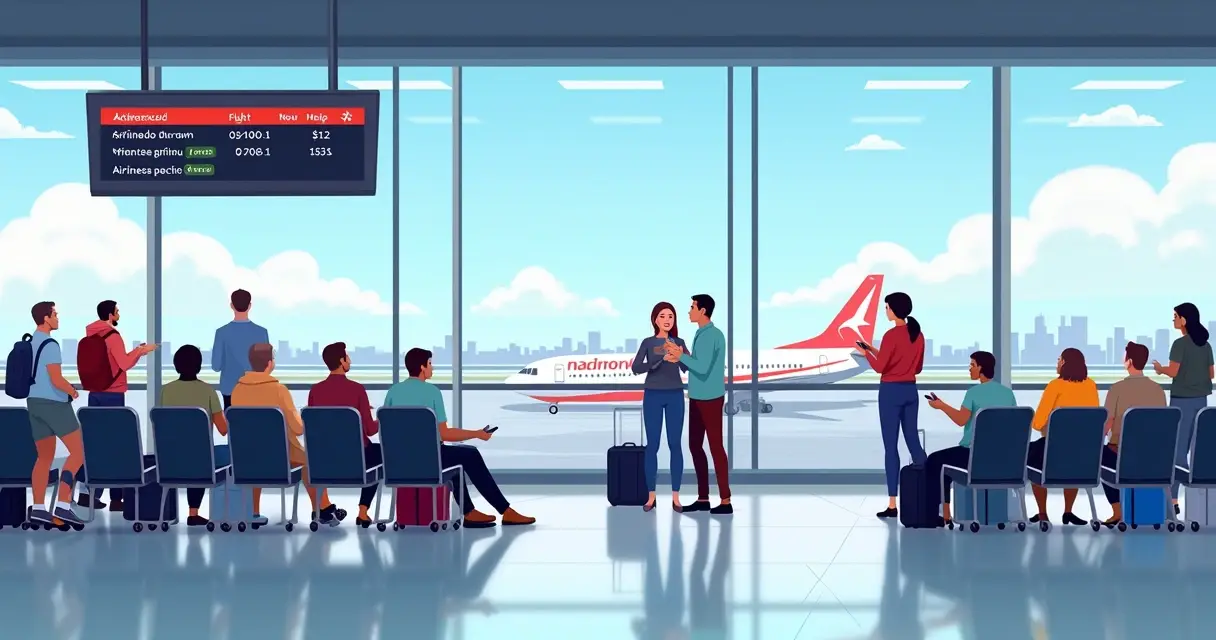 Passageiros no aeroporto aguardando voo atrasado mostrando telas de informações e atendentes