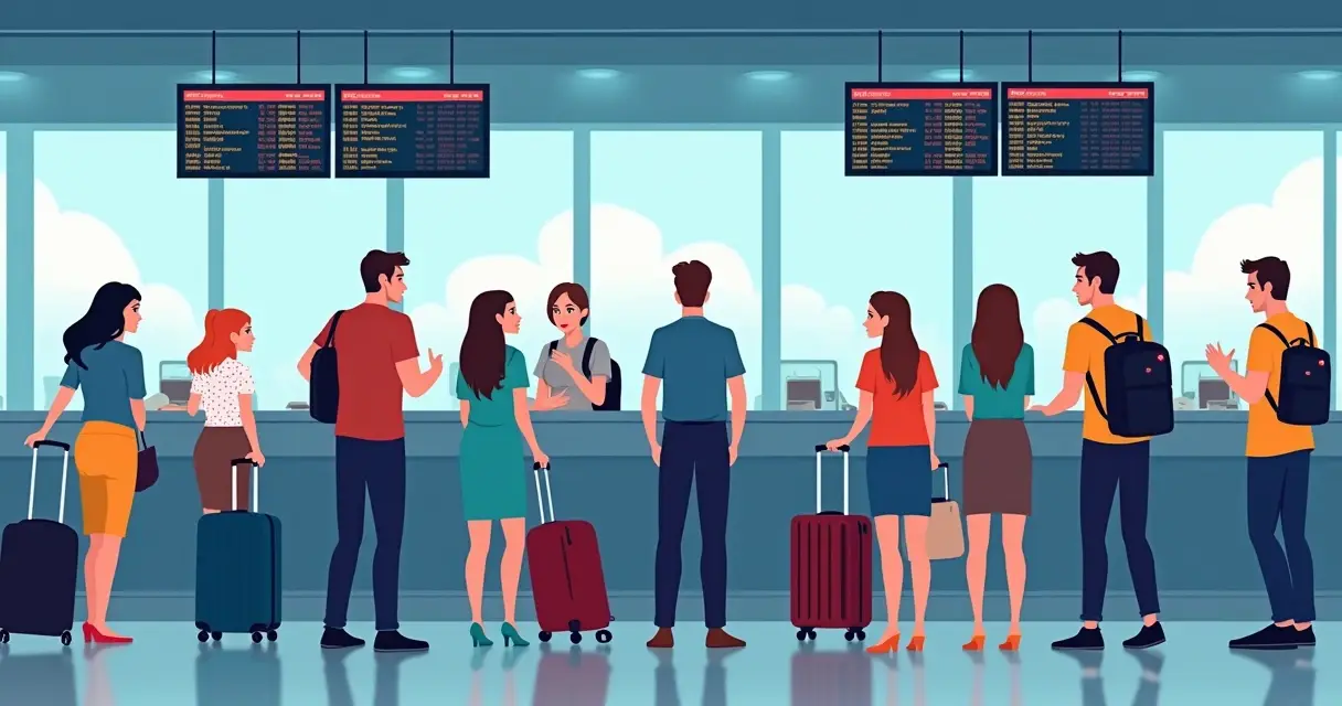 Passageiros enfrentando problema de overbooking em aeroporto com atendente e fila de espera
