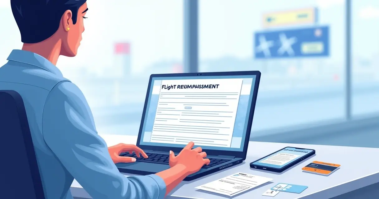 Passageiro consultando reembolso de passagem aérea no laptop com documentos e bilhete no fundo